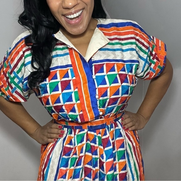 Vintage silk colorful A-line midi dress retro chic 80s twee bold graphic mod - Picture 7 of 15